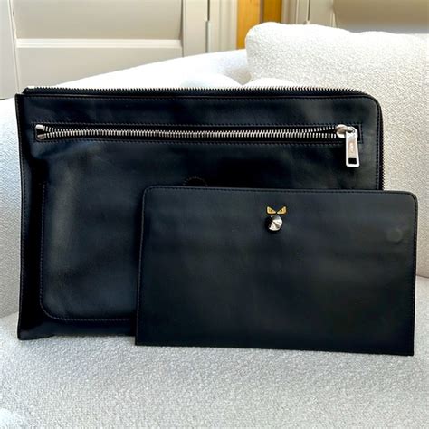 RARE Fendi Monster Interlocking Calf Slim Zippered Pouch Set